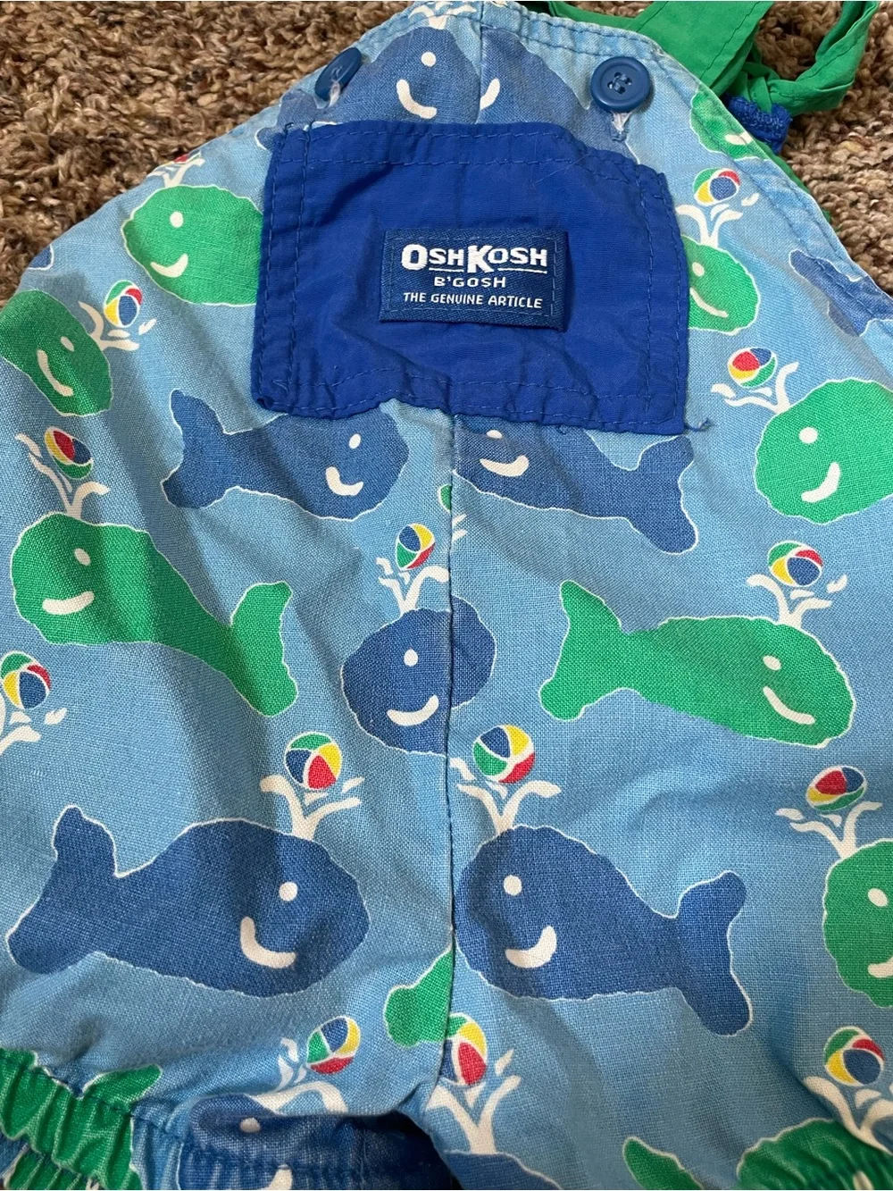 Rare Vintage OshKosh B'gosh Blue & Green Whale Print Baby Overall Shorts